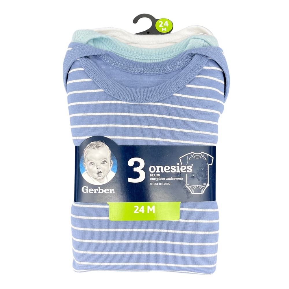 Gerber Onesies Bodysuit Baby Boy 24M Blue White Striped 3 Pack Cotton‎ Snaps